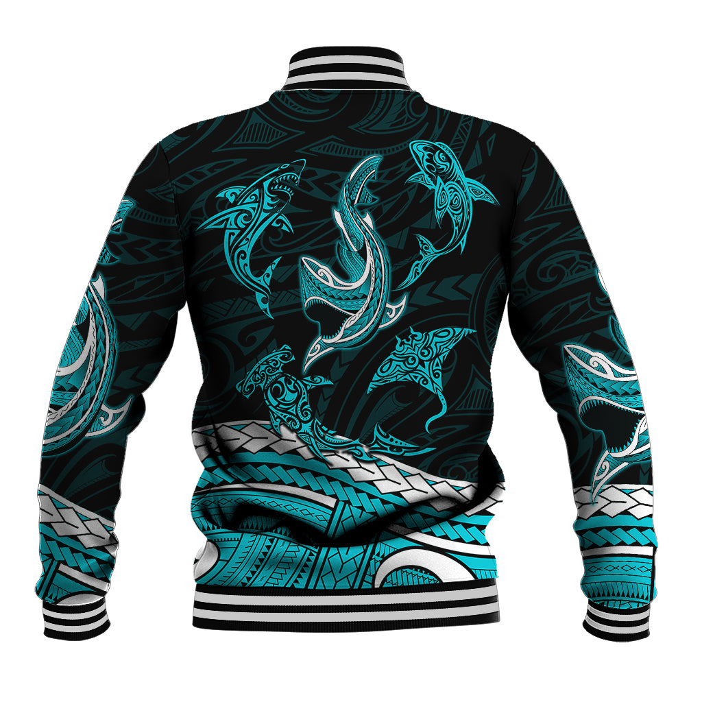 Back view green baseball jacket with large turquoise shark tribal tattoo graphic