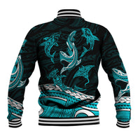 Back view green baseball jacket with large turquoise shark tribal tattoo graphic