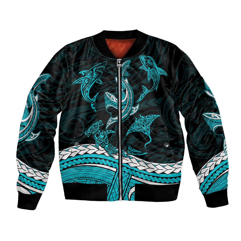 Unisex bomber jacket with full zipper, dark green/black and turquoise shark tribal print