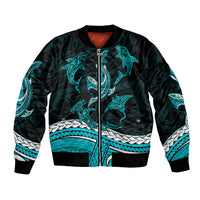 Unisex bomber jacket with full zipper, dark green/black and turquoise shark tribal print