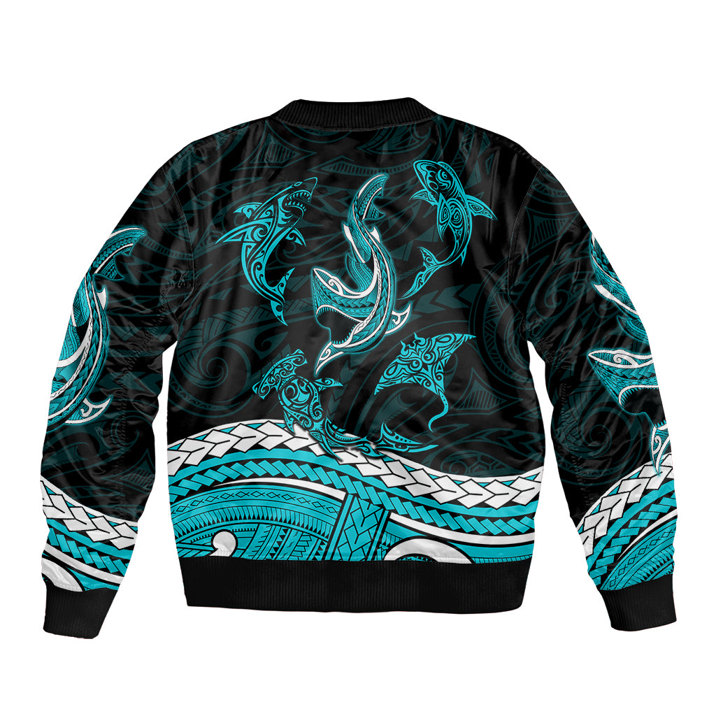 Bomber jacket with ribbed cuffs and hem, dark green/black with turquoise shark tribal print