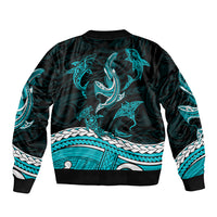 Bomber jacket with ribbed cuffs and hem, dark green/black with turquoise shark tribal print
