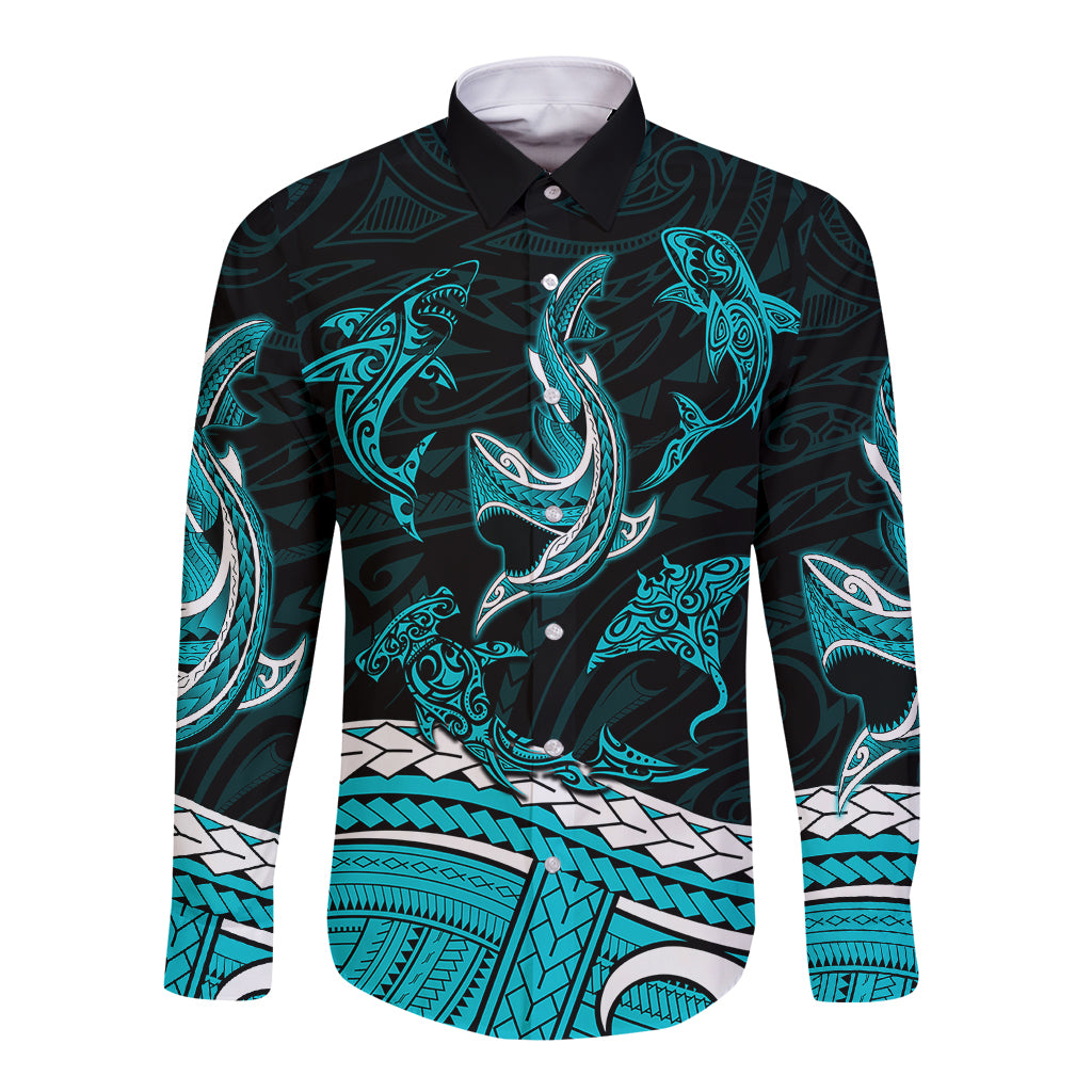 Long sleeve button-up shirt with teal shark tribal print, black collar and buttons