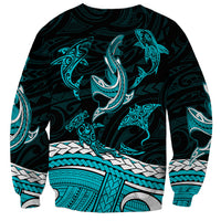 Unisex crewneck sweatshirt with teal shark graphic and patterned sleeves