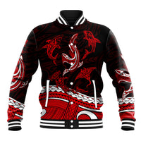 Red and black baseball jacket with tribal shark graphic, striped rib collar and cuffs