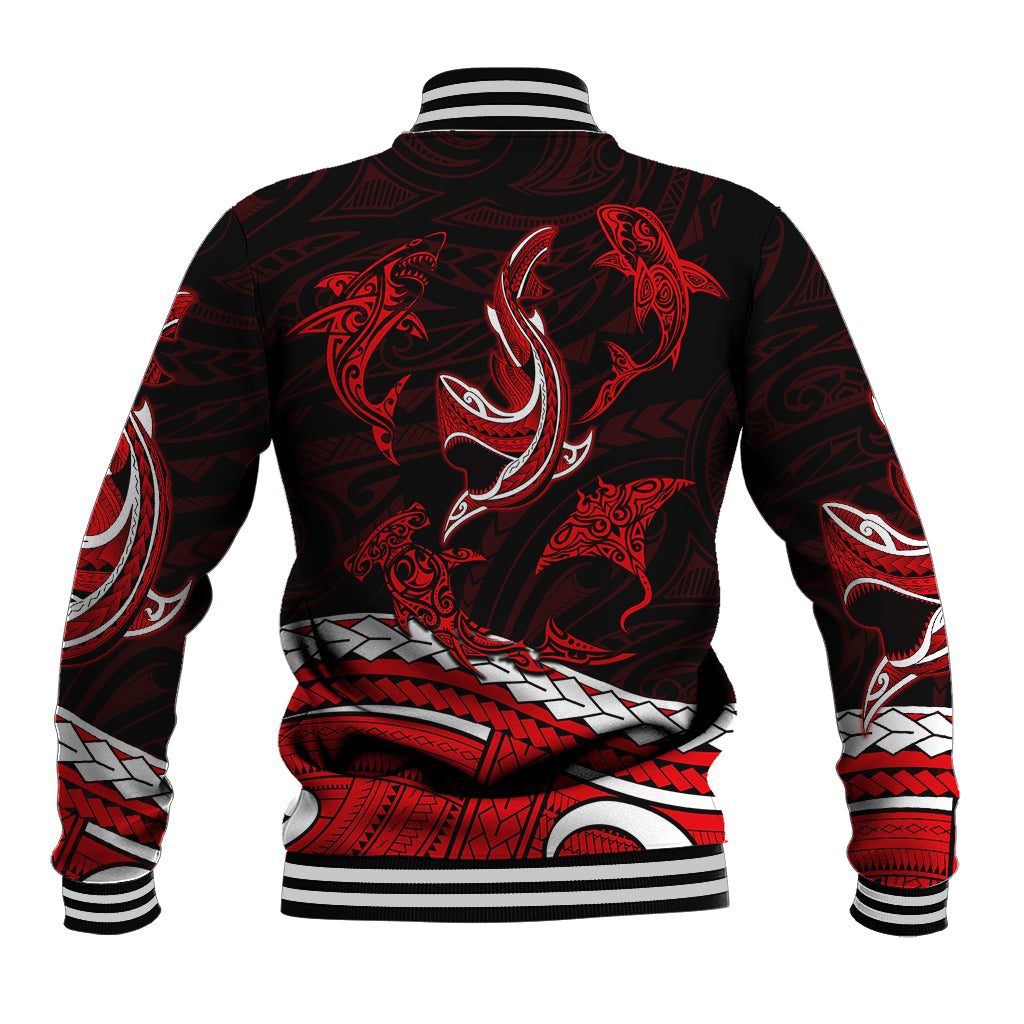 Red and black baseball jacket, back tribal shark print, striped ribbed collar and hem