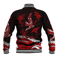 Red and black baseball jacket, back tribal shark print, striped ribbed collar and hem