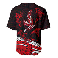 Black tribal baseball jersey with centered shark tattoo and red patterned hem, button front.