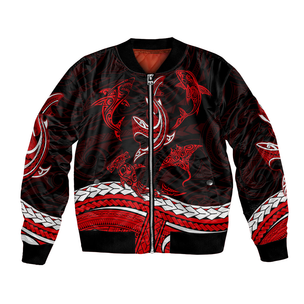 Red and black bomber jacket with tribal shark graphic, front zipper, ribbed cuffs