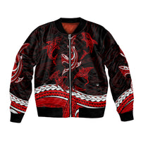Red and black bomber jacket with tribal shark graphic, front zipper, ribbed cuffs