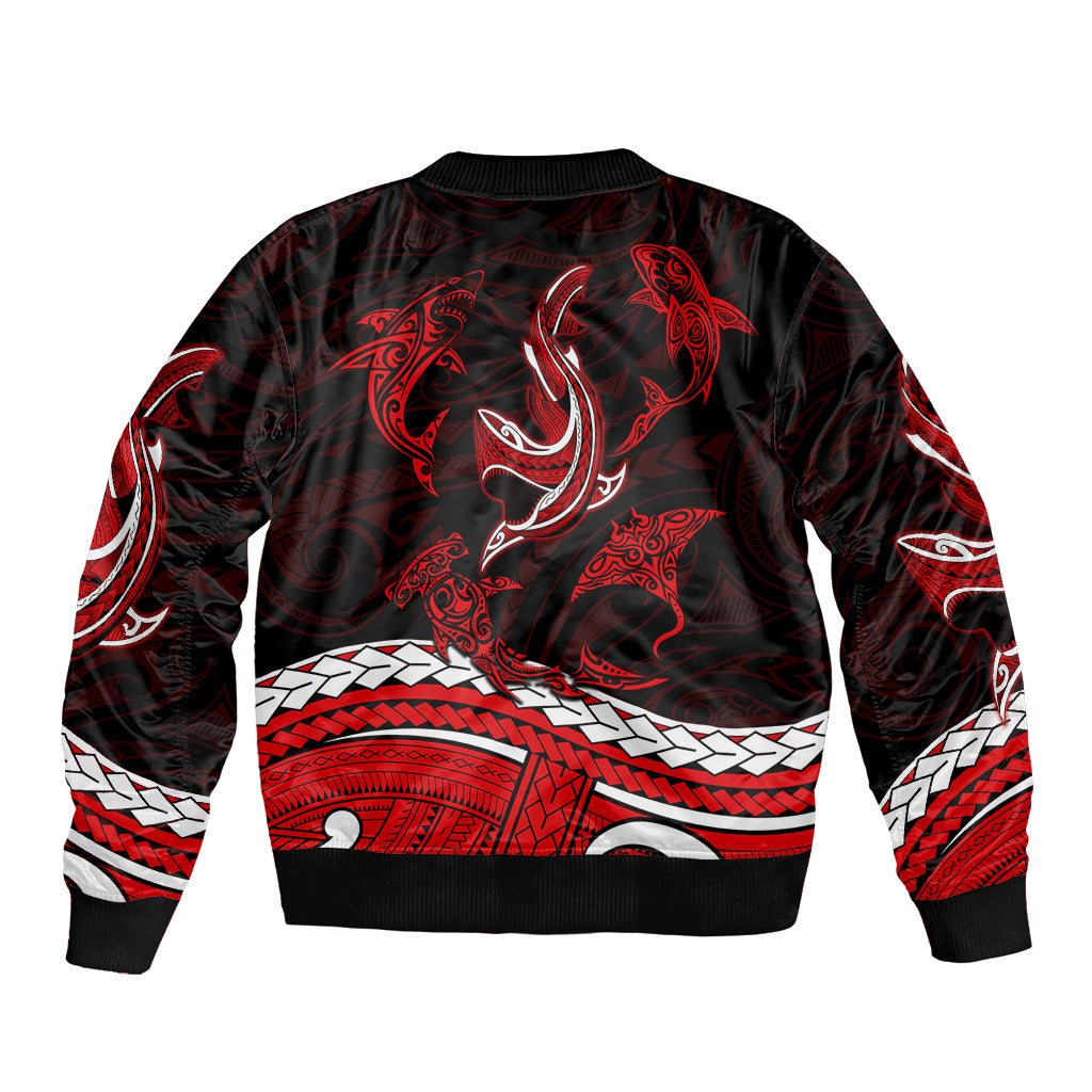 Red and black bomber jacket with tribal shark graphic, ribbed crew neck and hem