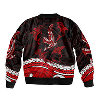 Red and black bomber jacket with tribal shark graphic, ribbed crew neck and hem