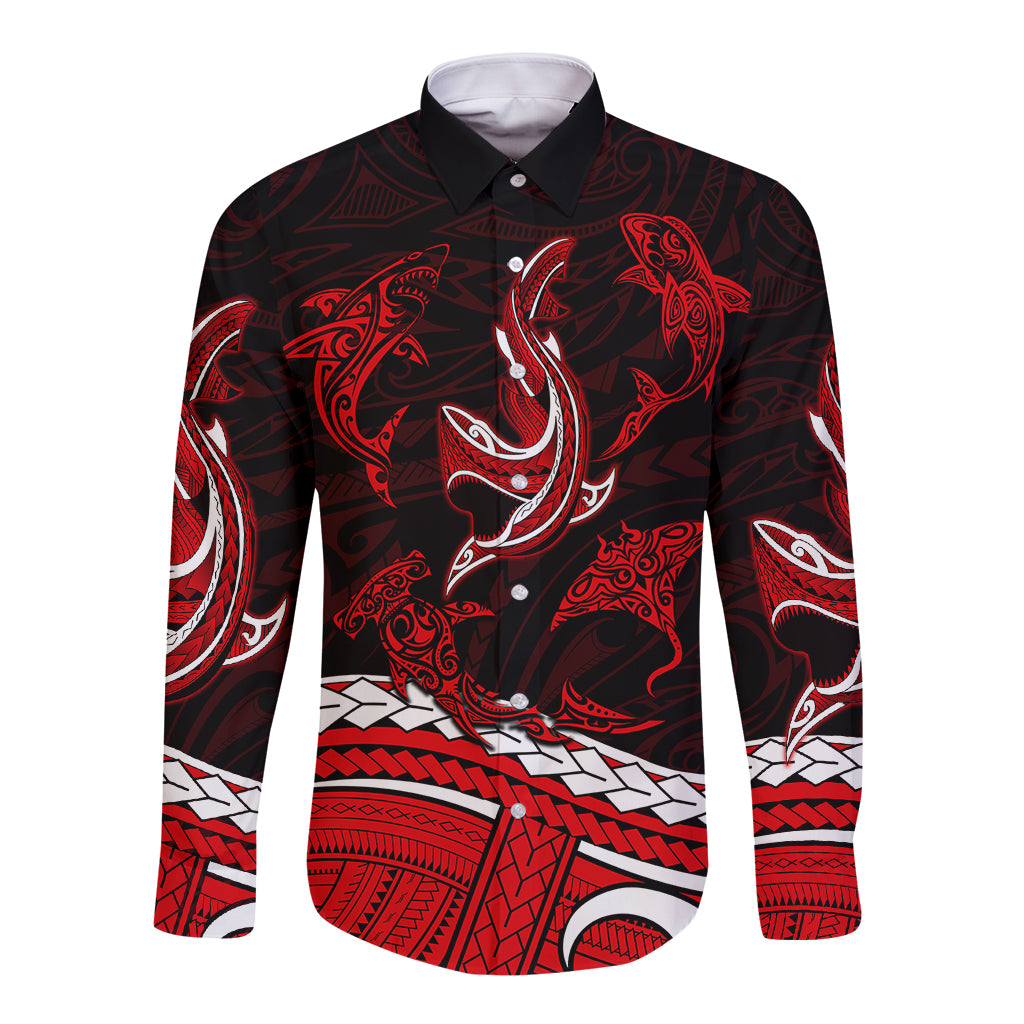 Long sleeve button shirt with red and white shark tribal print, front view