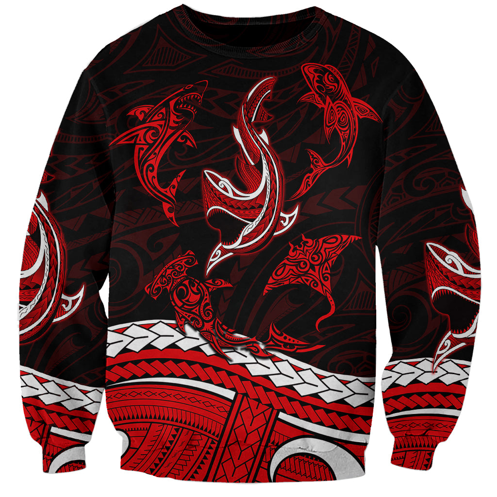 Red and black tribal shark tattoo sweatshirt with patterned sleeves