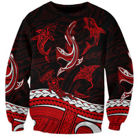 Red and black tribal shark tattoo sweatshirt with patterned sleeves