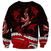 Black crewneck sweatshirt with large red shark graphic and tribal patterns