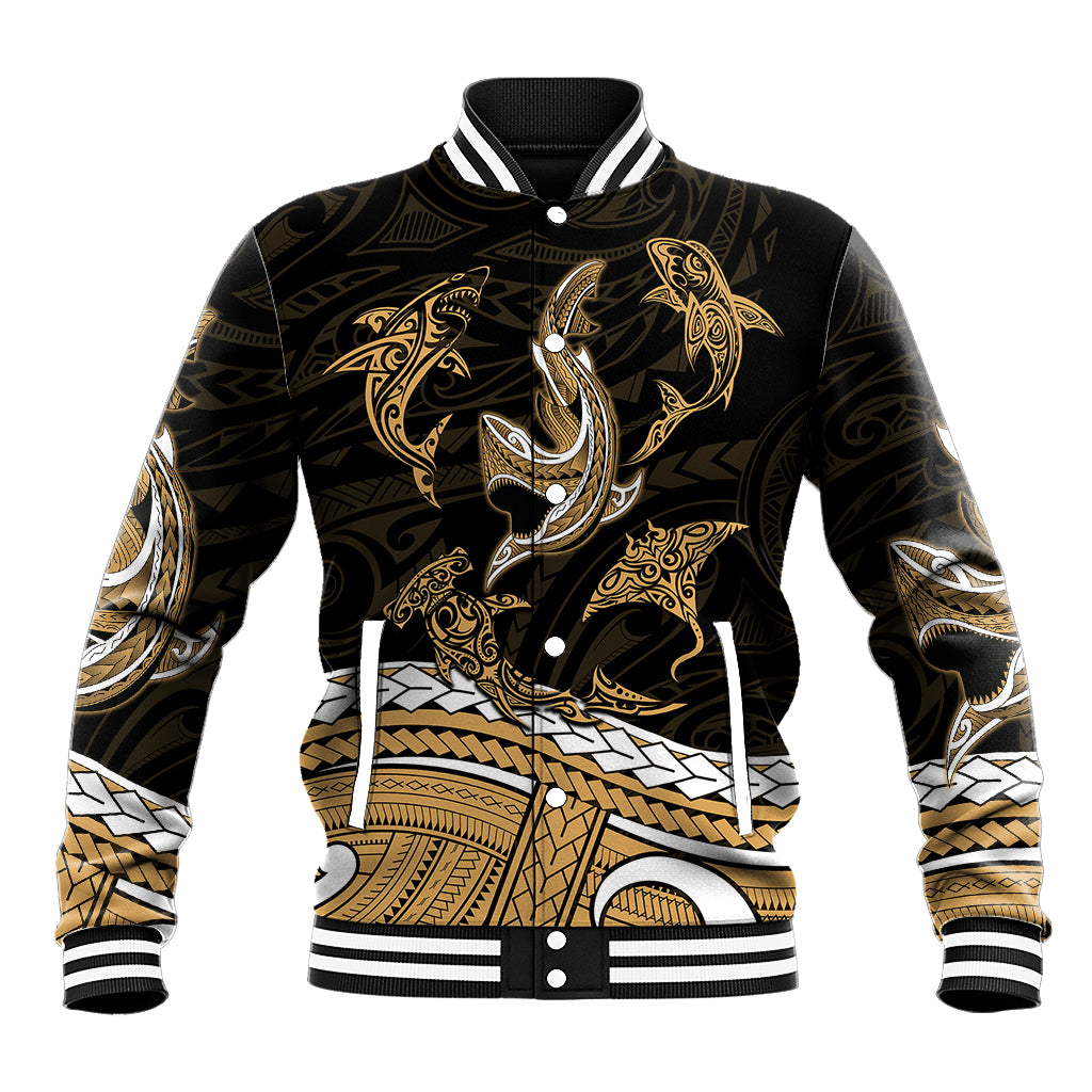 Unisex Polynesian baseball jacket in black with gold shark tribal tattoo print