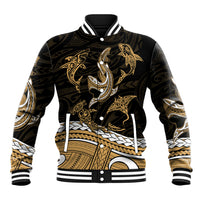Unisex Polynesian baseball jacket in black with gold shark tribal tattoo print