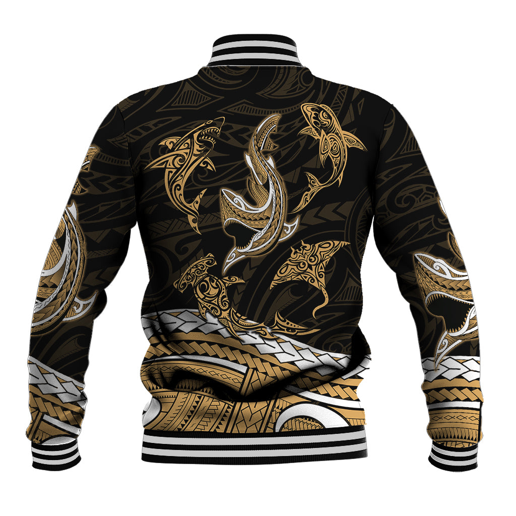 Unisex Polynesian baseball jacket in black with gold shark tribal tattoo print, back