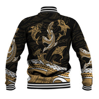 Unisex Polynesian baseball jacket in black with gold shark tribal tattoo print, back