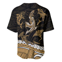Black baseball jersey with centered gold shark tattoo and tribal geometric bands, button front