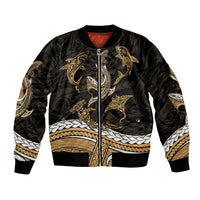 Black bomber jacket with gold tribal shark tattoo, full front zipper, ribbed cuffs