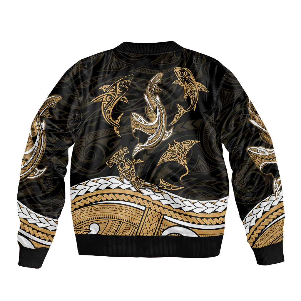 Black bomber jacket with gold tribal shark artwork, crew neckline, ribbed hem and cuffs