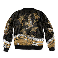 Black bomber jacket with gold tribal shark artwork, crew neckline, ribbed hem and cuffs