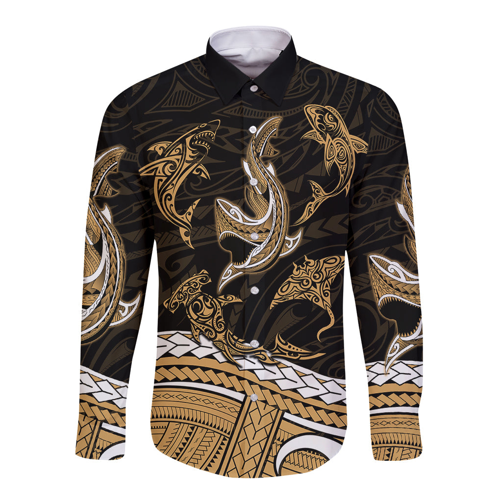 Long sleeve button shirt with tribal shark graphic, gold and white print on dark fabric