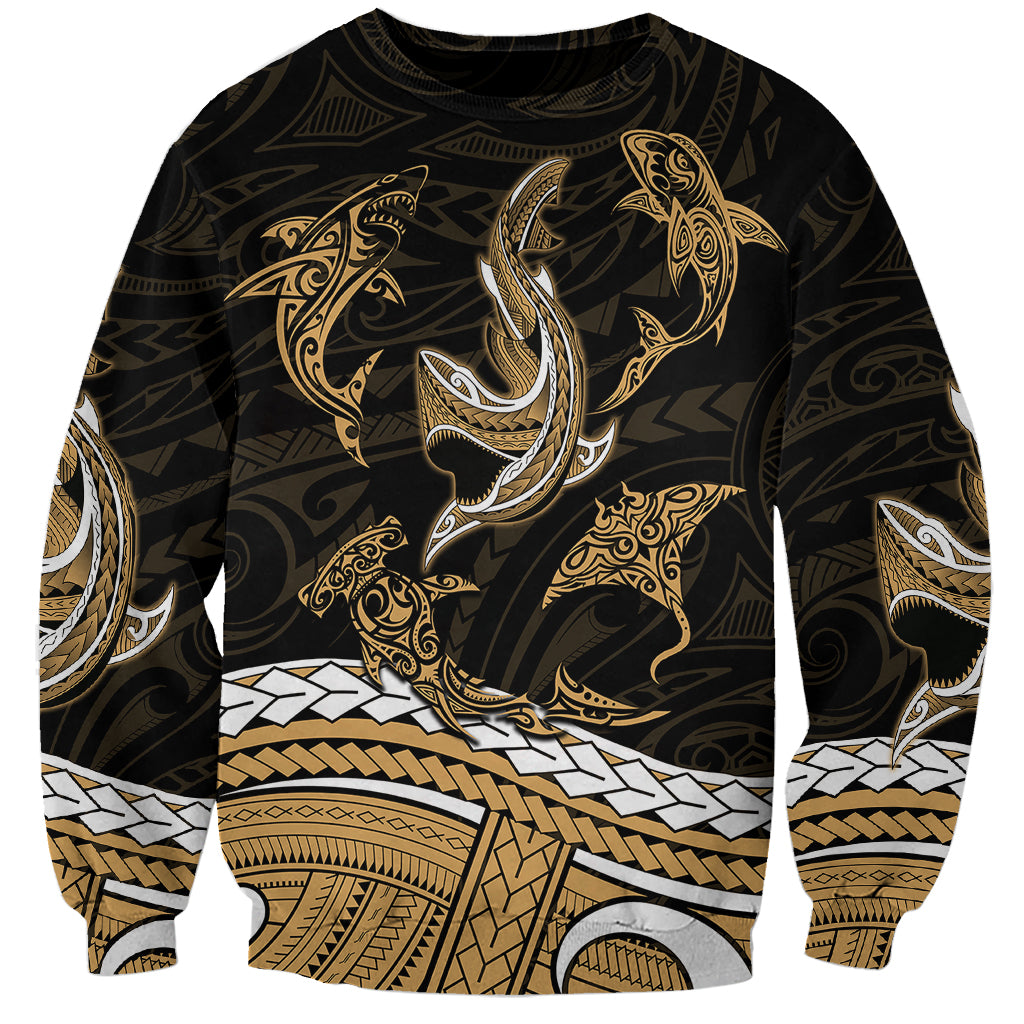 Black crewneck sweatshirt with gold and white shark tattoo tribal pattern