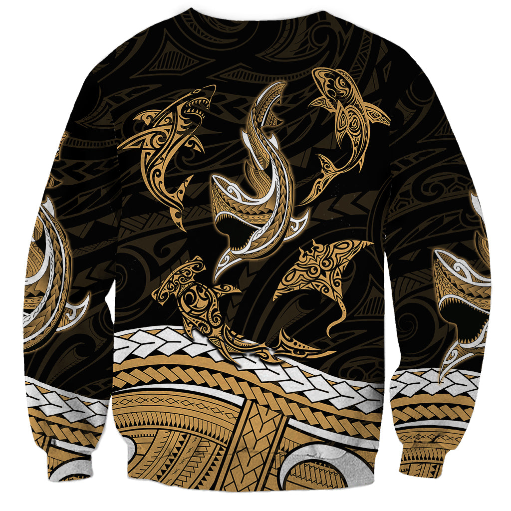 Black crewneck sweatshirt with large central shark graphic and tribal border pattern