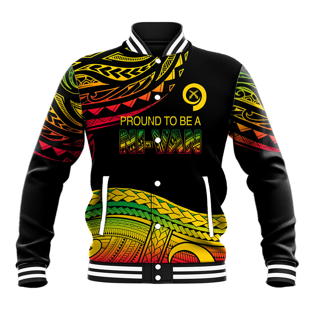 Black baseball jacket with multicolor tribal graphic front and ribbed striped cuffs