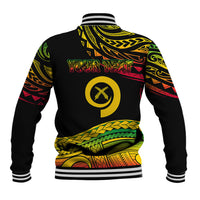 Black baseball jacket with multicolor tribal graphic back and ribbed striped hem