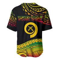 Black baseball jersey with back graphic and yellow emblem, short sleeves, curved hem.