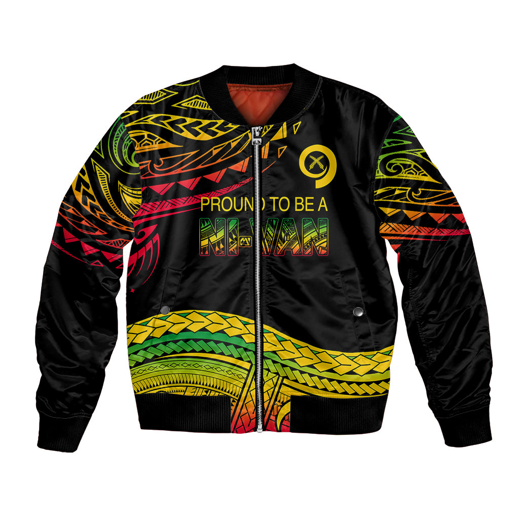 Black bomber jacket with colorful tribal graphic, front zipper, ribbed collar and cuffs