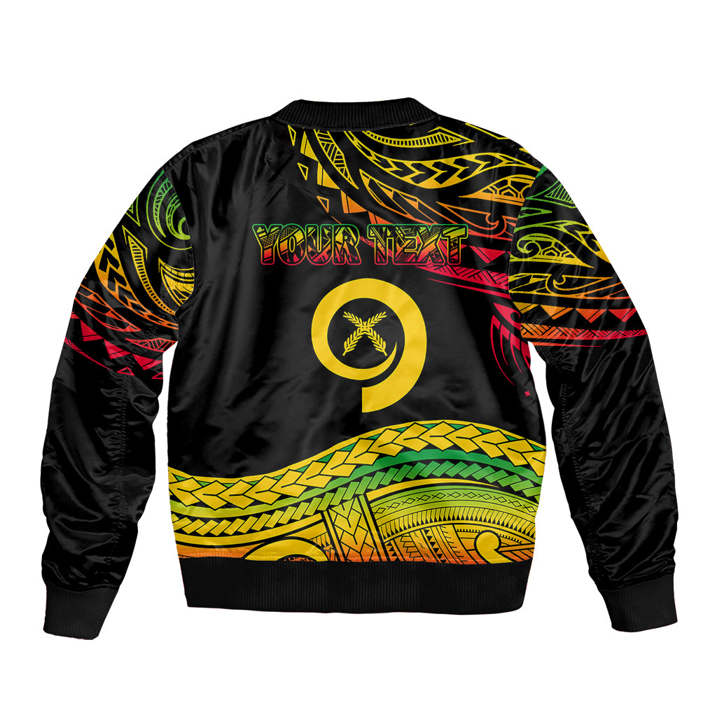 Black bomber jacket, back view with tribal patterns and circular logo, ribbed hem and cuffs