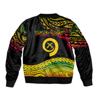 Black bomber jacket, back view with tribal patterns and circular logo, ribbed hem and cuffs