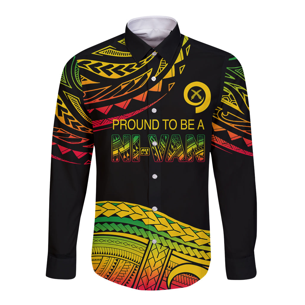 Black long sleeve button shirt with multicolor tribal graphic front and collar