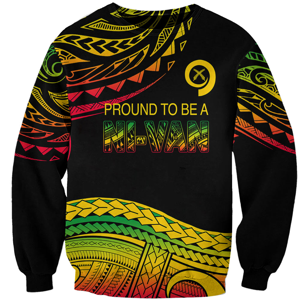 Black crewneck sweatshirt with colorful tribal print and 'PROUND TO BE A NI-VAN' text