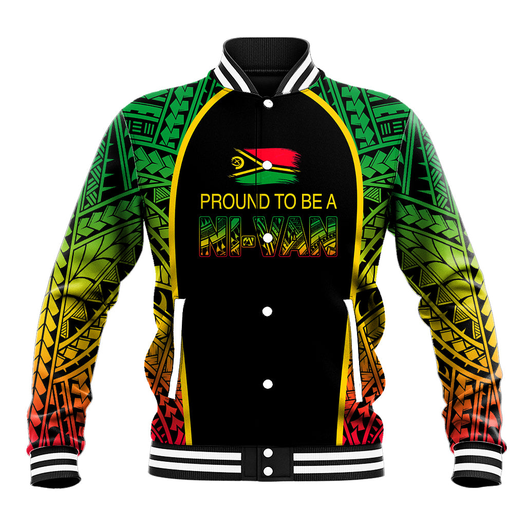 Black baseball jacket with green/yellow/red tribal sleeves; snap front, striped cuffs.