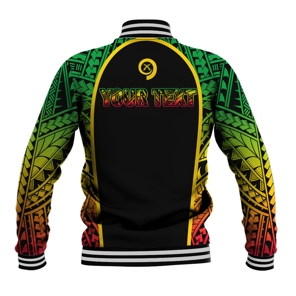 Black varsity jacket with green/yellow/red tribal back panel; ribbed collar and cuffs.