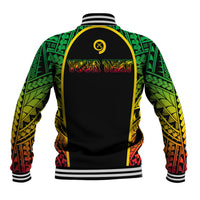 Black varsity jacket with green/yellow/red tribal back panel; ribbed collar and cuffs.