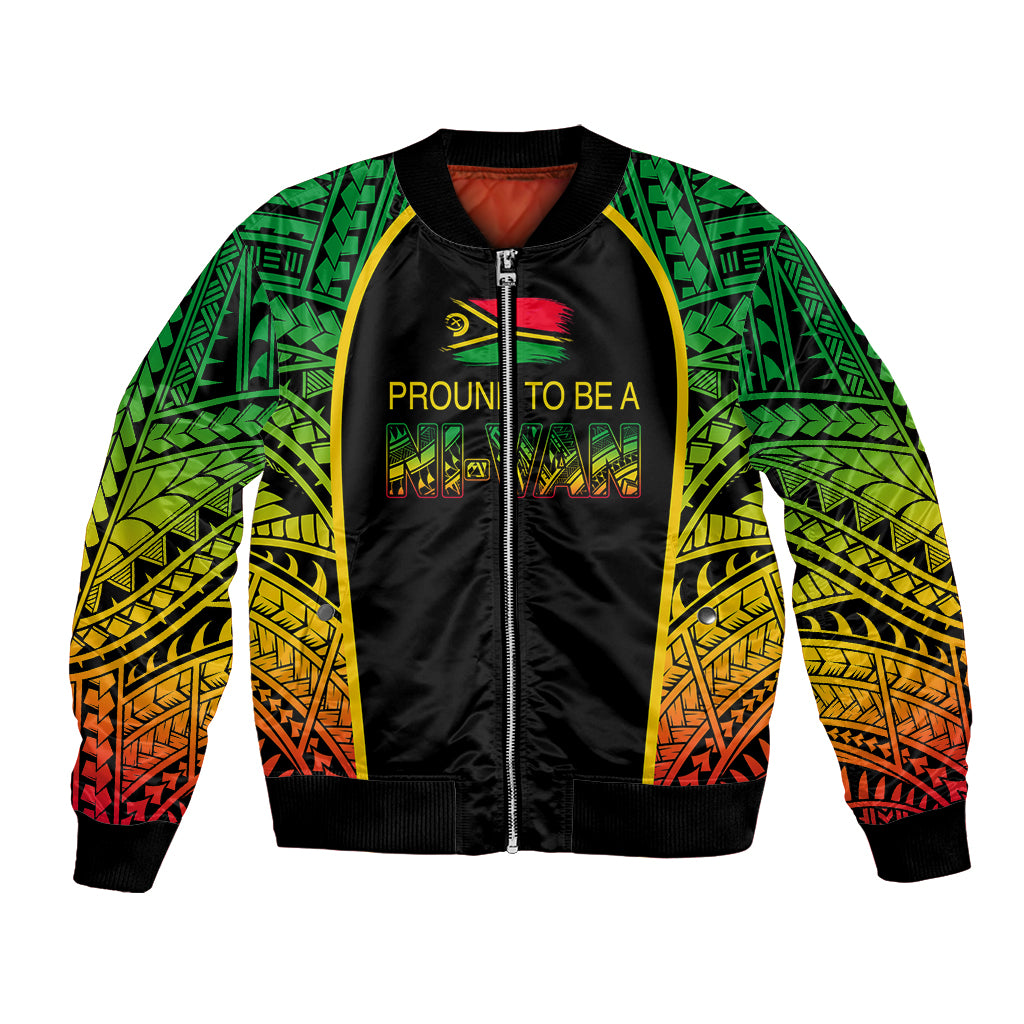 Black bomber jacket with green, yellow, and orange tribal sleeves; front zipper graphic
