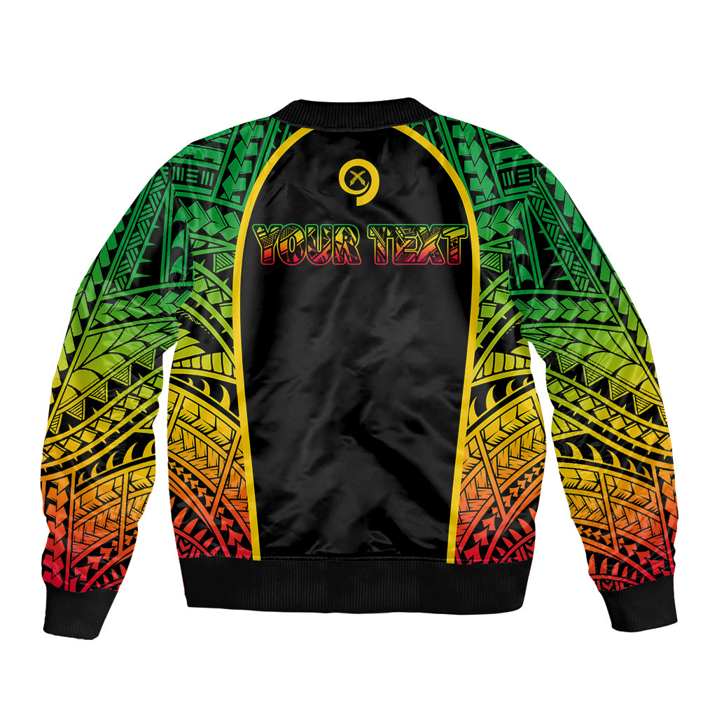 Black bomber jacket with green tribal pattern back panel, yellow trim, and emblem