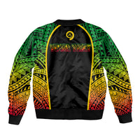 Black bomber jacket with green tribal pattern back panel, yellow trim, and emblem