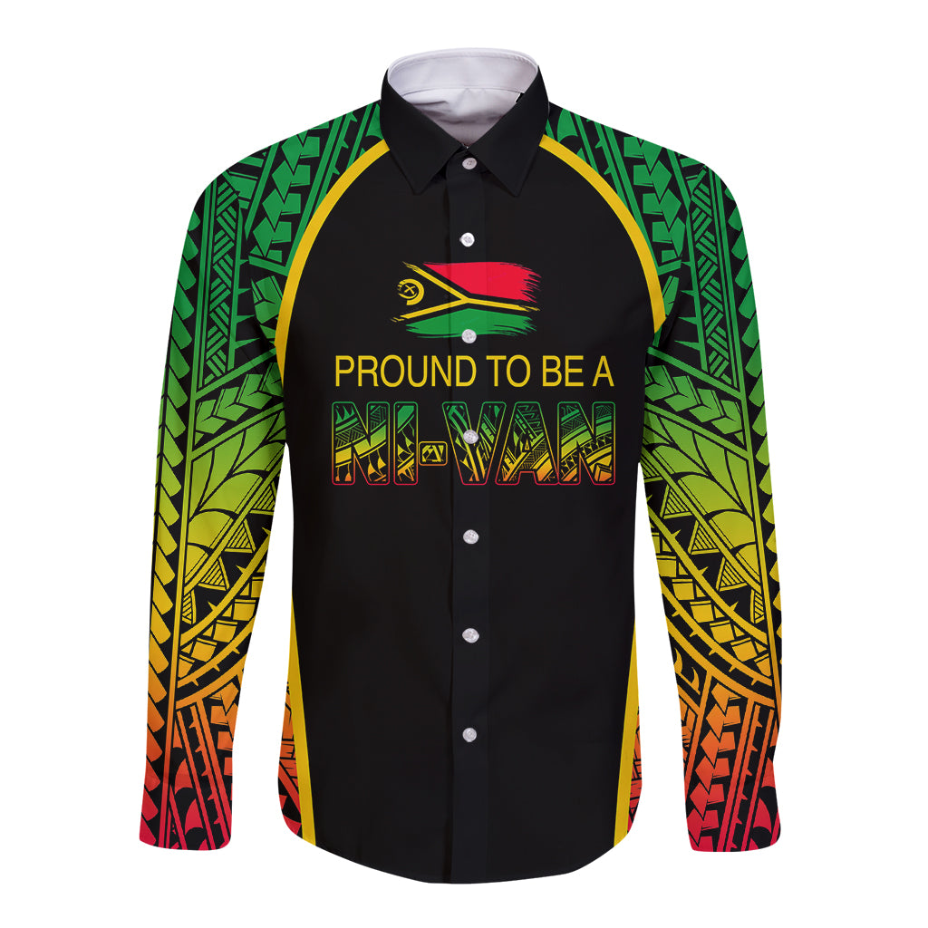 Black long-sleeve button shirt with multicolor geometric sleeves and chest logo text