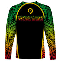 Unisex long-sleeve shirt, black with green patterned sleeves and yellow emblem graphic