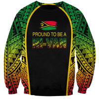Unisex black sweatshirt with colorful patterned sleeves and front graphic text
