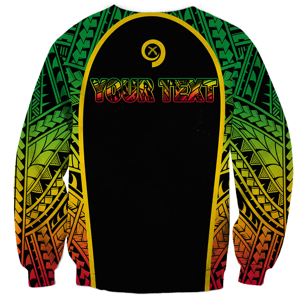 Unisex black sweatshirt with colorful patterned sleeves and bold front slogan graphic