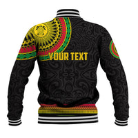 Black baseball jacket back with yellow red green circular print, striped ribbed hem and collar